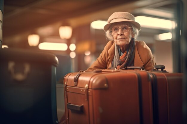 Image of very happy old woman at airport terminal