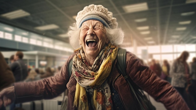 Image of very happy old woman at airport terminal