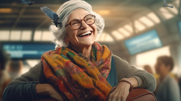 Image of very happy old woman at airport terminal