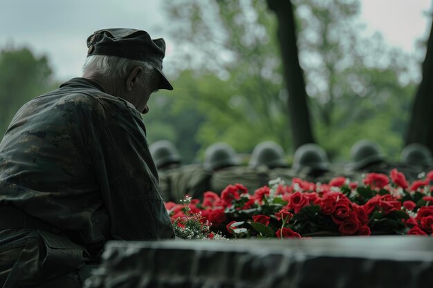 An image of a veteran laying wreaths at the foot of a war memorial on Memorial Day