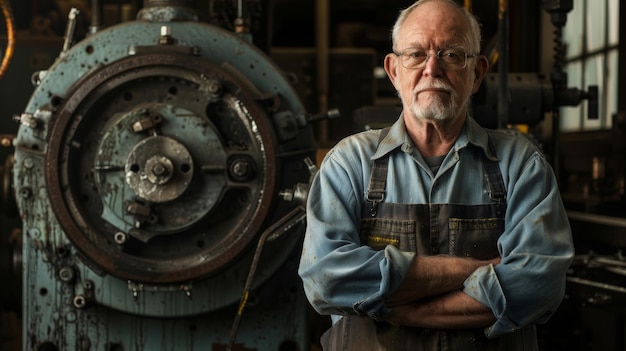 An image of a veteran machinist standing proudly in front of a large intricate machine a symbol of