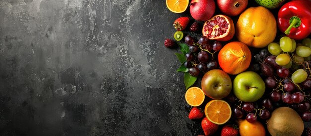 Photo image of a vibrant assortment of fruits accompanied by empty space for text