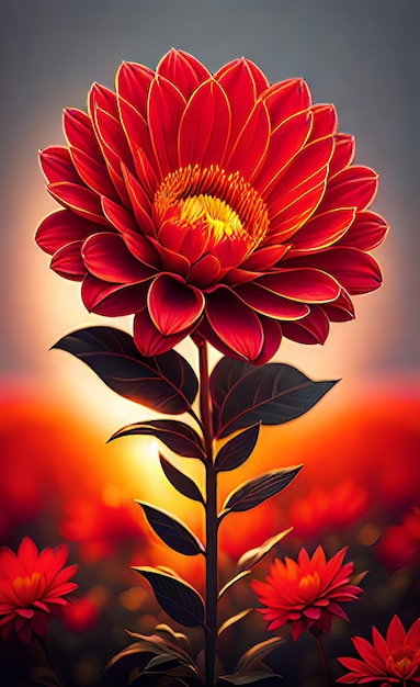 An image of vibrant Dahlia flower in full bloom with sunlight streaming into its petals