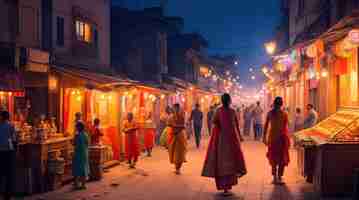 Photo image vibrant street during diwali night filled with colors from numerous lit oil lamps and firewor