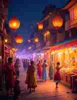 Photo image vibrant street during diwali night filled with colors from numerous lit oil lamps and firewor