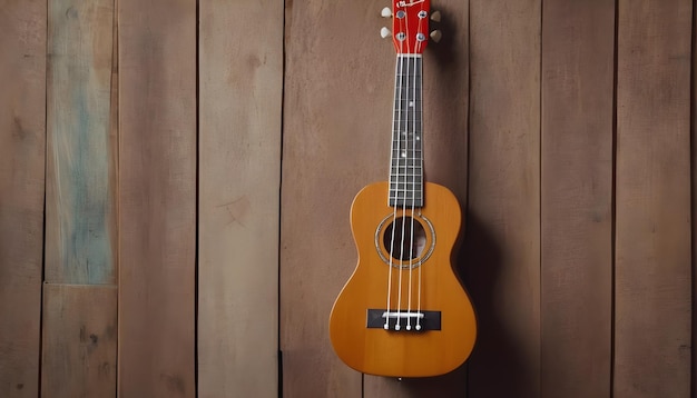 an image of a vibrant ukulele hanging on a rustic wooden wall in a cozy beachside cottage