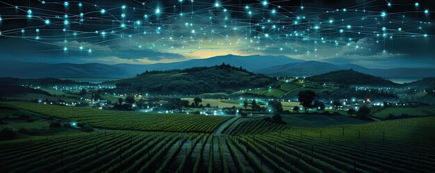 An image or vineyard with dots of electricity showing in the background