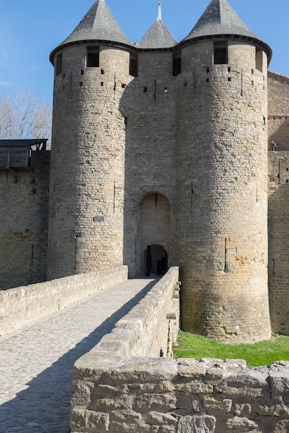 Image of wall and towers in Carcassonne fortified town in France