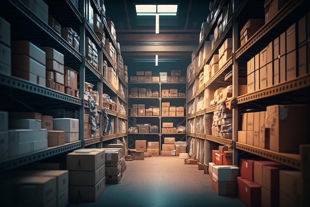 An image of warehouse with many boxes Generative AI