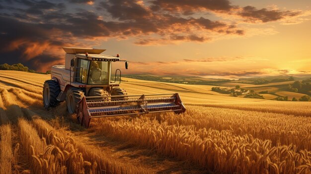 Image of warm shades of a rustic field at sunset with a tractor