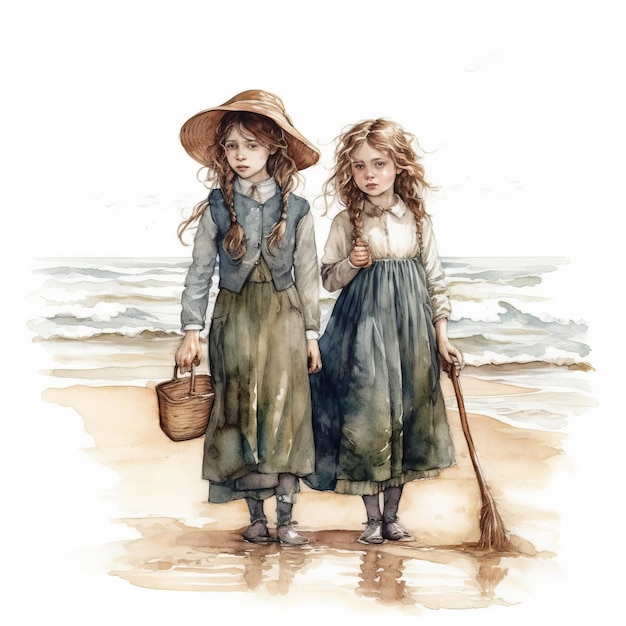 Image of Watercolor hand drawn painting illustration of little victorian girls generative AI