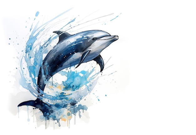 Image of watercolor painting of dolphins are jumping with water splashing Undersea animals Illustration Generative AI