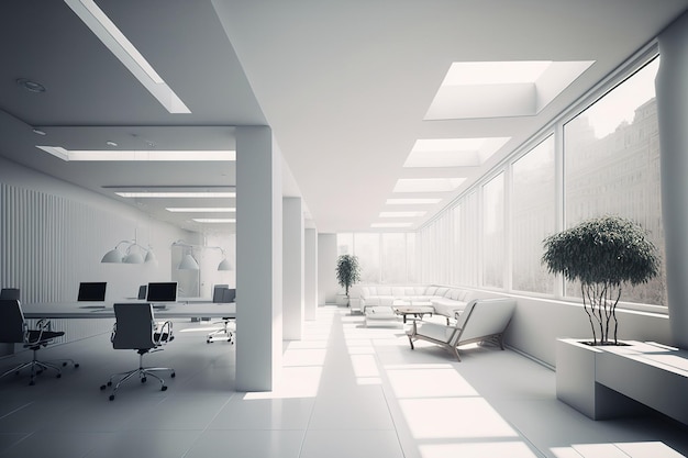 The image of the well lit white and light colored office space