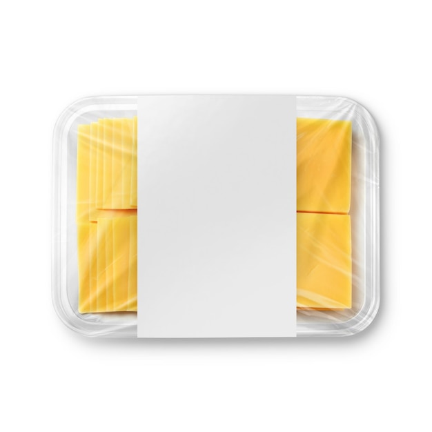 Photo an image of a white cheese plastic tray with label isolated on a white background