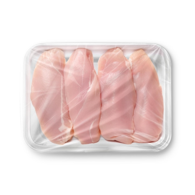 a image of a white chicken breast plastic tray isolated on a white background