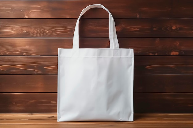 Image of a white color shopper bag with copy space on dark wooden background