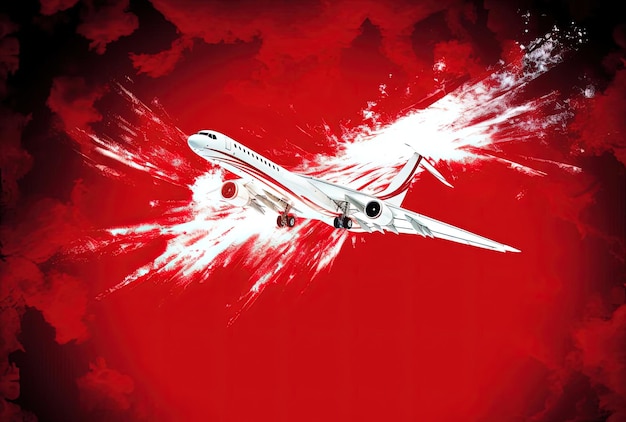 Photo an image of white flaming jet soaring on a red background with a plane pattern