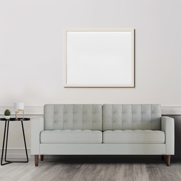 a image of a white frame portrait on a wall in a living room background