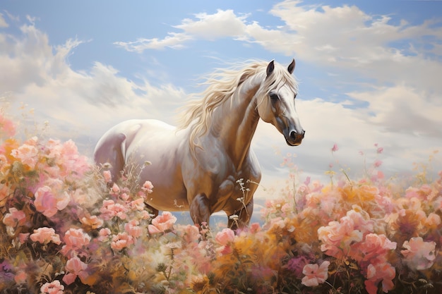 白い馬の画像は、背景が空である美しい花のある庭にあります野生生物動物生成 AI イラスト