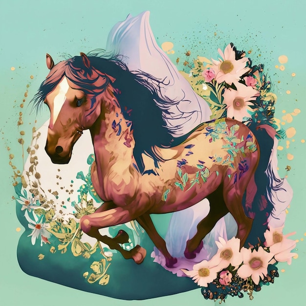 Image of a white horse surrounded by colorful tropical flowers on a clean background