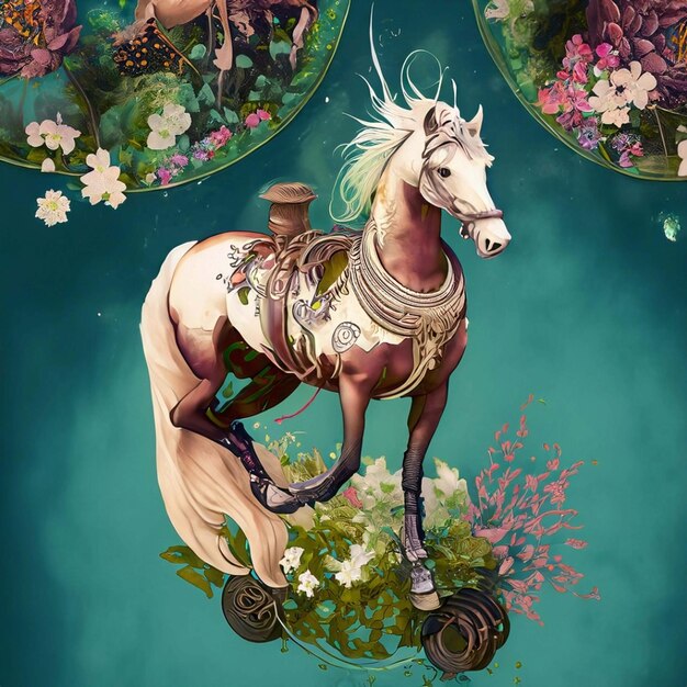 Image of a white horse surrounded by colorful tropical flowers on a clean background