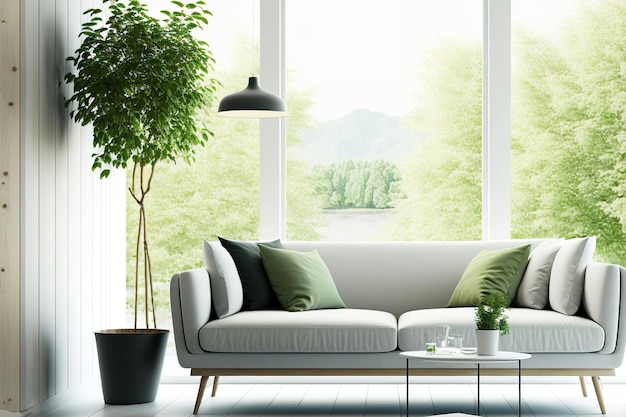 Photo image of a white room with a sofa and a view of a summer scene scandinavian style in decorating