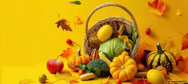 Image of wicker basket surrounded by autumn vegetables