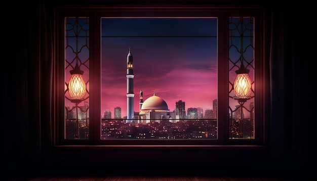 Image of a window with a view of a city skyline with a mosque lit up in the distance to celebrate Eid alFitr Generative ai