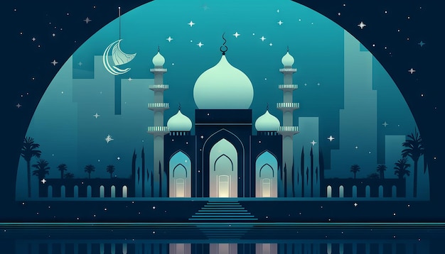 Изображение окна с видом на мирное озеро или реку с мечетью на берегу в честь празднования Ид аль-Фитр Generative ai