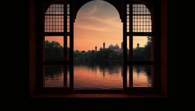Image of a window with a view of a peaceful lake or river with a mosque on its banks to celebrate Eid alFitr Generative ai