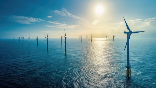Изображение ветряных турбин в море при заходе солнца
