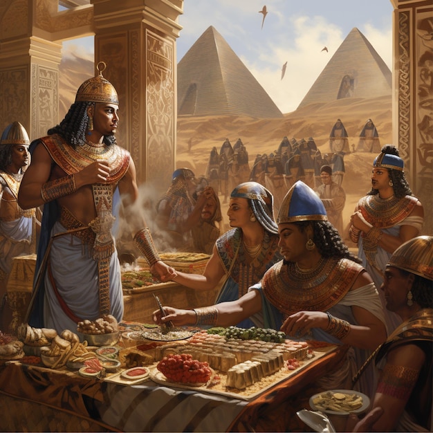 An image with ancient Egyptian having a meal in the ancient times in their home around the pyramids