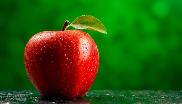 Image with fresh red apple on green background