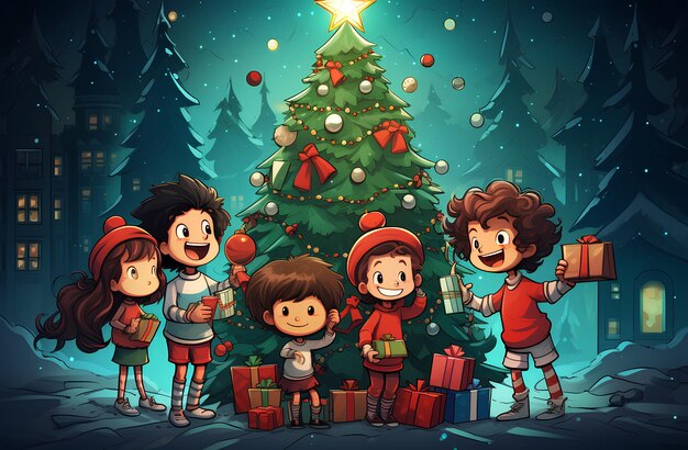 An Image with Girls and Boys Around a Christmas Tree