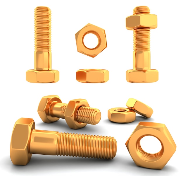 Photo image with golden nuts and bolts in different angles on a white background