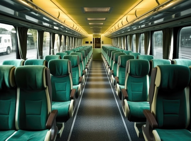 Image with the interior of border train a odern train with comfortable and colorful chairs created with generative ai technology