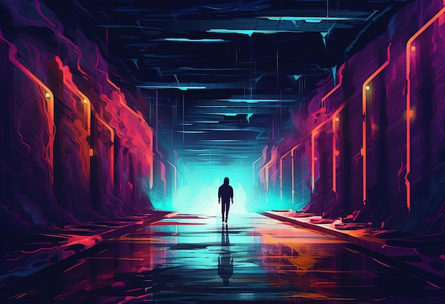 an image with neon lights in a tunnel