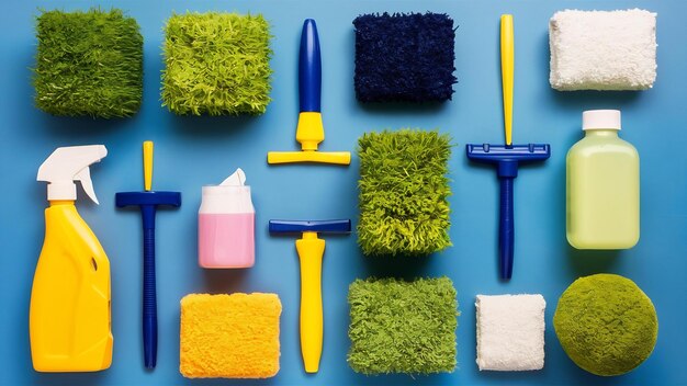 Image with various tools for cleaning the premises and cleaning agents on a blue background