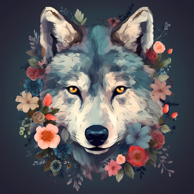 Image of a wolf face surrounded by colorful tropical flowers Wildlife animal Illustration Generative AI