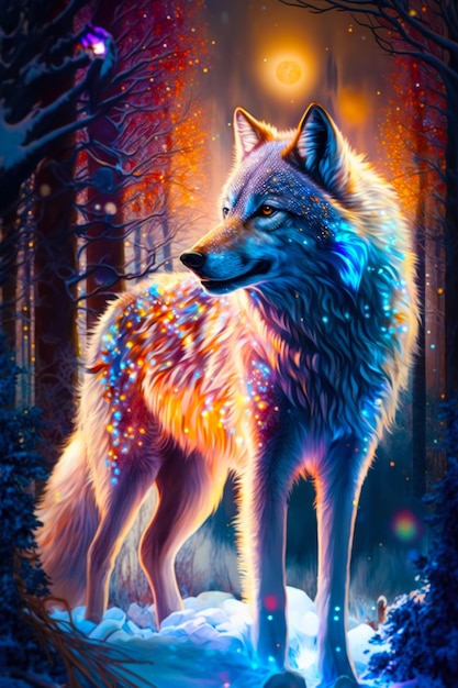 Image of wolf standing in forest with bright light on it's face Generative AI