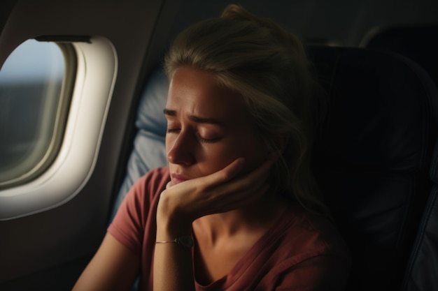 Photo image of a woman on an airplane gripped by fear of flying