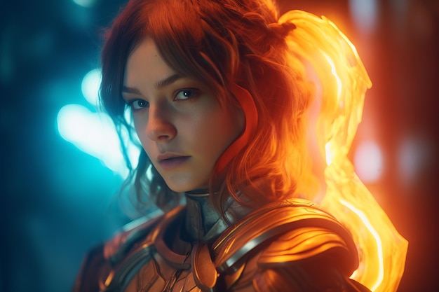 An image of a woman in armor with glowing hair