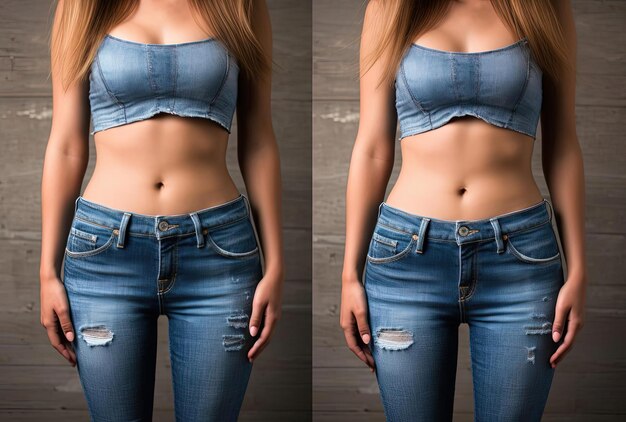 изображение женщины до и после уменьшения размера джинсов в стиле u