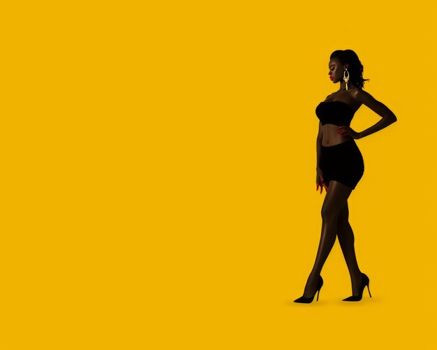 an image of a woman in a black dress standing on a yellow background