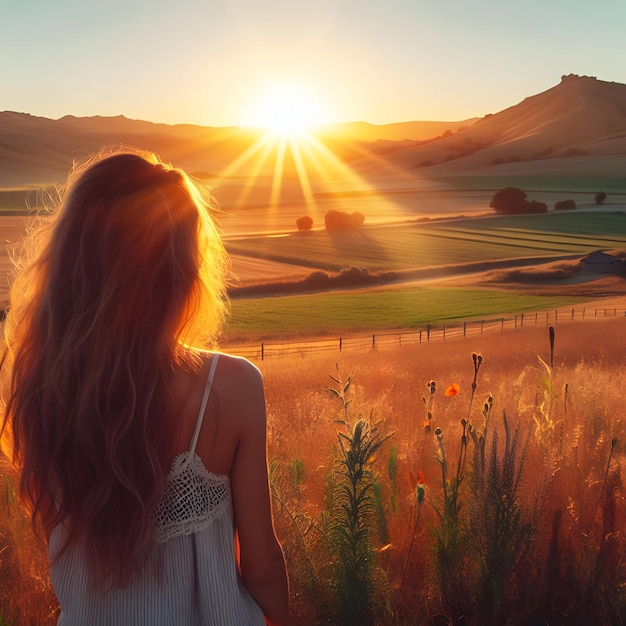 Image of Woman Enjoying the Sunset in Countryside on Field on a Warm Summer Evening