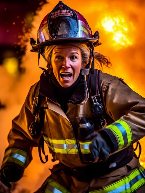 Foto immagine di una donna pompiere con casco e maschera in piedi vicino al camion dei pompieri