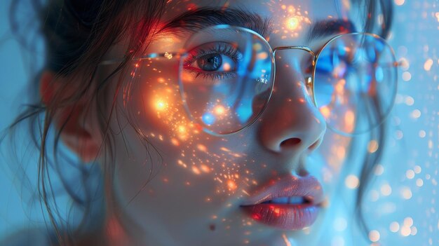 Photo an image of a woman having virtual reality icons projected around her face