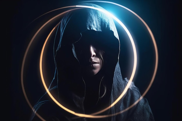 An image of a woman in a hood with glowing rings around her