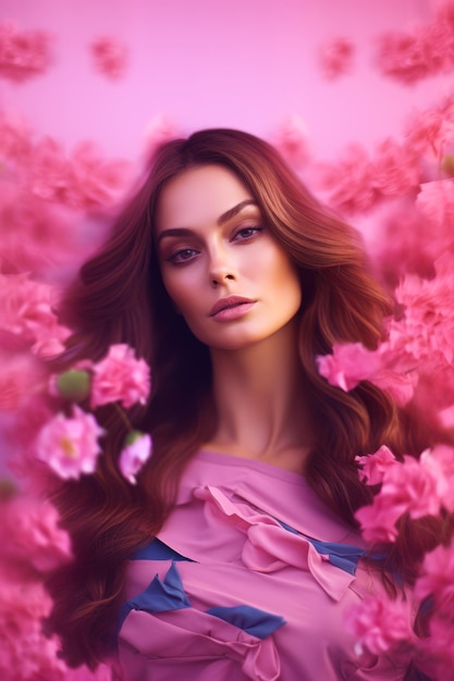 Image of woman in pink dress with flowers around her neck Generative AI