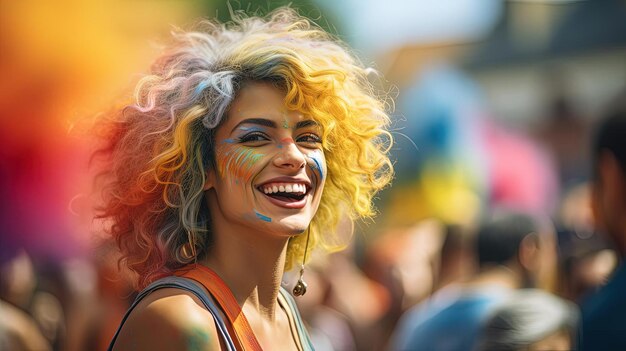 An image of a woman at a pride parade in the style of colorist